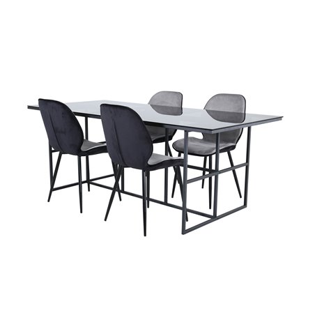 Leif Dining Table - Black / Black smoked smoked Glass+Emma Chair - Black / Black and Light Grey Black Velvet in Back Grey Velvet