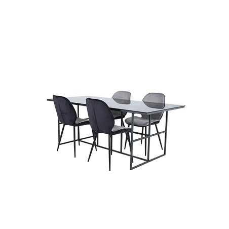 Leif Dining Table - Black / Black smoked smoked Glass+Emma Chair - Black / Black and Light Grey Black Velvet in Back Grey Velvet