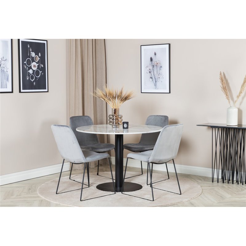 Estelle Round Dining Table ø106 H75 - White / Black, Muce Dining Chair - Black Legs - Grey Velvet_4