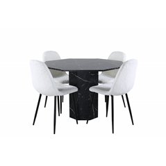 Marbs Round Dining Table , Black Black Glass Marble+Polar Fluff Dining Chair , Black Legs , White Teddy _4