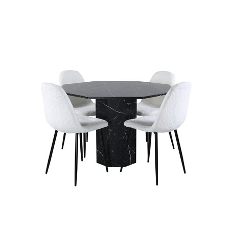 Marbs Round Dining Table , Black Black Glass Marble+Polar Fluff Dining Chair , Black Legs , White Teddy _4