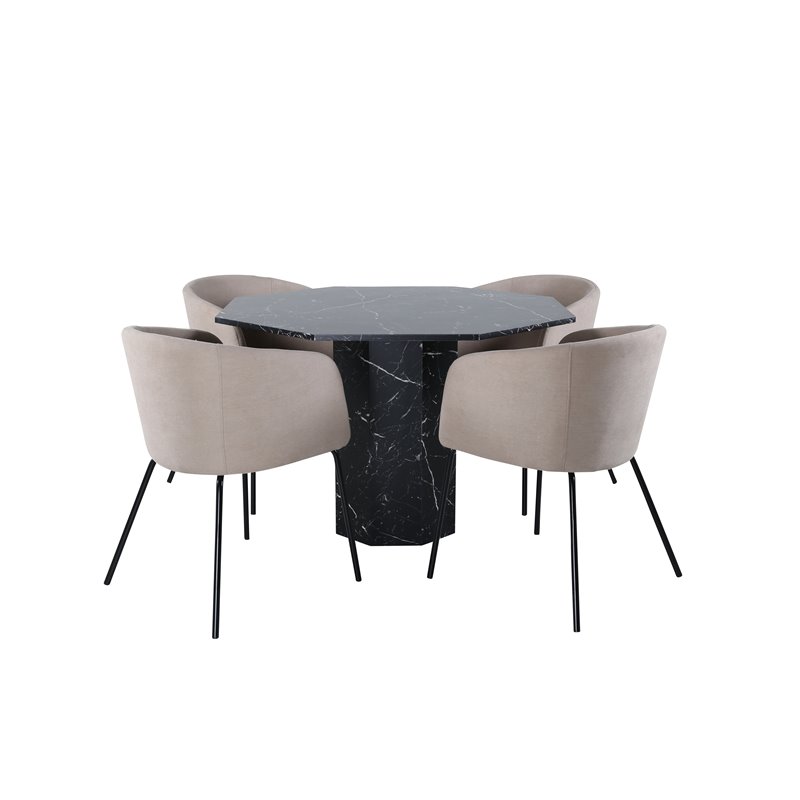 Marbs rundt spisebord, sort sort glasmarmor + Berit stol, sort beige stof (polyesterlinned) _4
