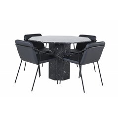 Marbs Round Dining Table - Black / Black Glass Marble+Tvist Chair - Black / Black PU_4