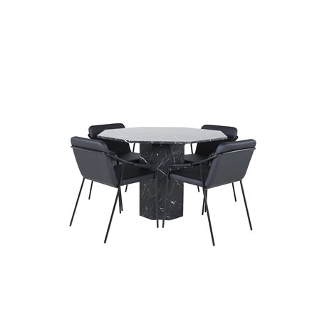 Marbs Round Dining Table - Black / Black Glass Marble+Tvist Chair - Black / Black PU_4