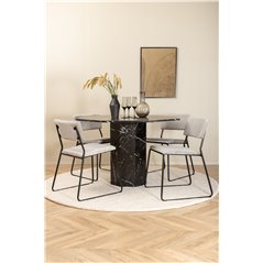 Marbs Round Dining Table - Black / Black Glass Marble+Kenth Chair - Black / Light Grey Velvet_4