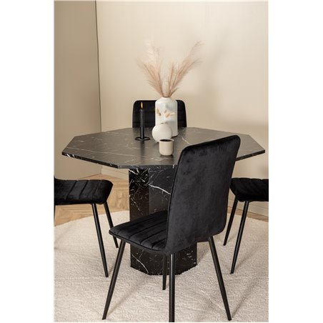 Marbs Round Dining Table - Black / Black Glass Marble+Windu Lyx Chair - Black / Black Velvet_4