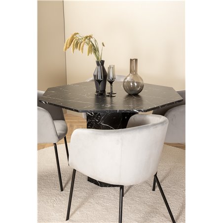 Marbs Round Dining Table - Black / Black Glass Marble+Berit Chair - Black / Light Grey Velvet_4