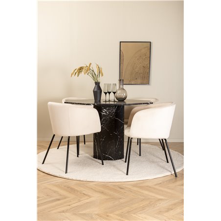 Marbs Rundt Spisebord - Sort / Sort Glas Marmor + Berit Stol - Sort / Beige Velvet_4