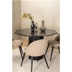 Marbs Round Dining Table - Black / Black Glass Marble+Velvet Stitches Chair - Black / Beige Fabric (Polyester linen )_4