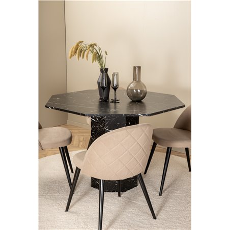 Marbs Round Dining Table - Black / Black Glass Marble+Velvet Stitches Chair - Black / Beige Fabric (Polyester linen )_4