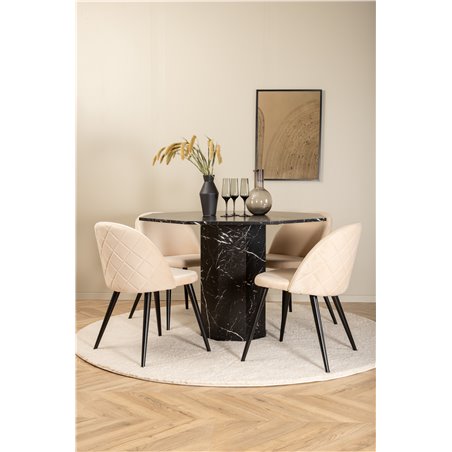 Marbs Rundt Spisebord - Sort / Sort Glas Marmor + Velvet Stitch es Chair - Sort / Beige Velvet_4