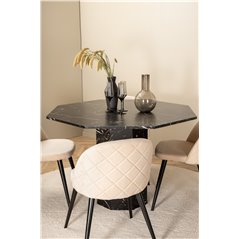 Marbs Round Dining Table - Black / Black Glass Marble+Velvet Stitches Chair - Black / Beige Velvet_4