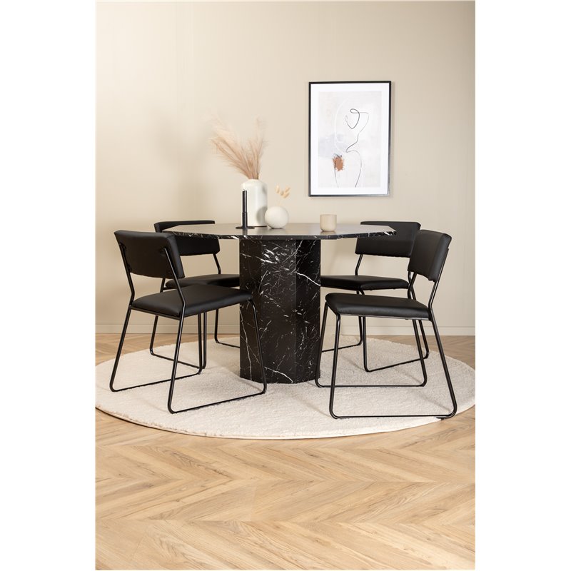 Marbs Round Dining Table - Black / Black Glass Marble+Kenth Chair - Black / Black PU_4