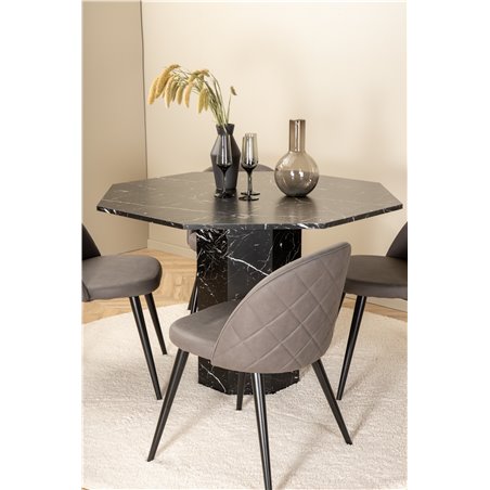 Marbs Round Dining Table - Black / Black Glass Marble+Velvet Stitches Chair - Black / Grey Micro Fibre_4