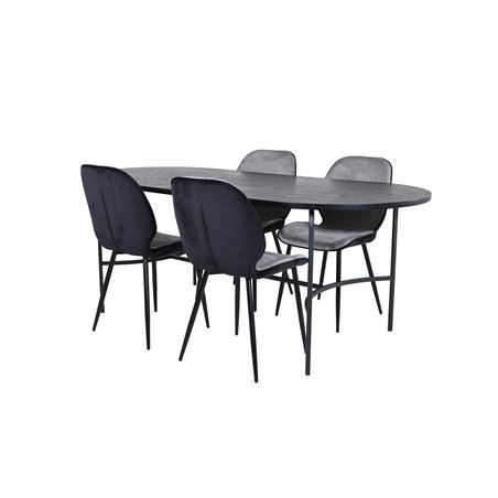 Skate Oval Dining Table - Black / Black Veneer+Emma Chair - Black / Black and Light Grey Black Velvet in Back Grey Velvet in fro