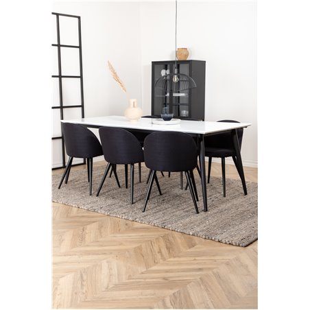 Jimmy Dining Table , Black White HPL+Velvet Dining Chiar , Black legs, Black Fabric_6