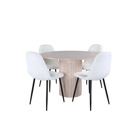 Bianca Round Dining Table , White Wash Black Veneer+Polar Fluff Dining Chair , Black Legs , White Teddy _4