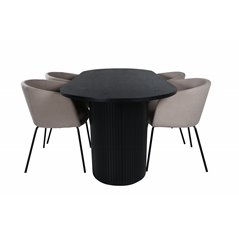 Bianca Oval Dining Table , Black Black Veneer+Berit Chair , Black Beige Fabric (Polyester linen )_4