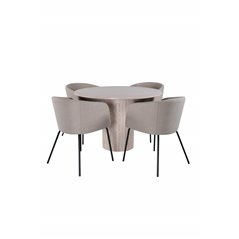 Bianca Round Dining Table , White Wash Black Veneer+Berit Chair , Black Beige Fabric (Polyester linen )_4