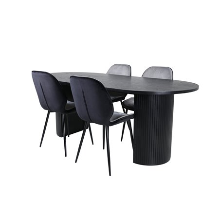 Bianca Oval Dining Table - Black / Black Veneer+Emma Chair - Black / Black and Light Grey Black Velvet in Back Grey Velvet in fr