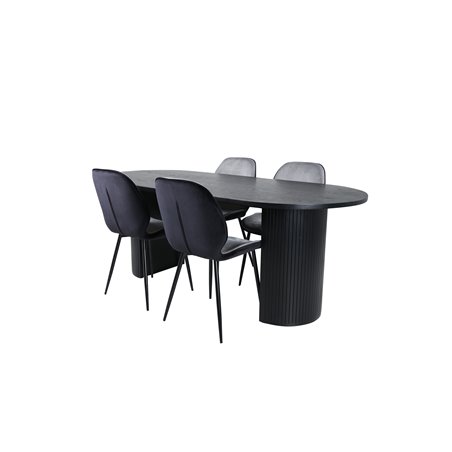 Bianca Oval Dining Table - Black / Black Veneer+Emma Chair - Black / Black and Light Grey Black Velvet in Back Grey Velvet in fr