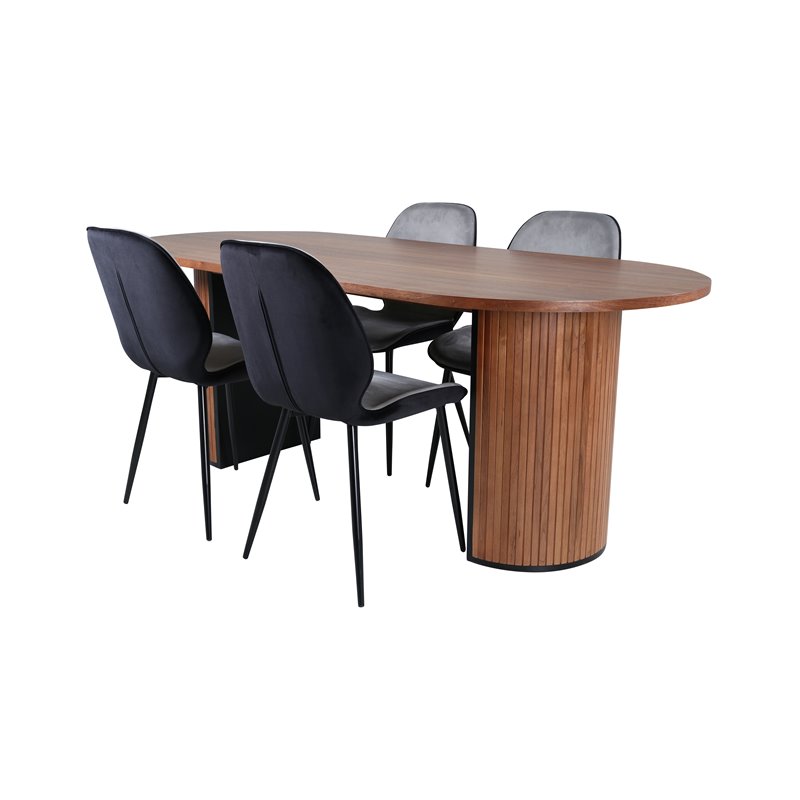 Bianca Oval Dining Table , Walnut Black Veneer+Emma Chair , Black Black and Light Grey Black Velvet in Back Grey Velvet in front