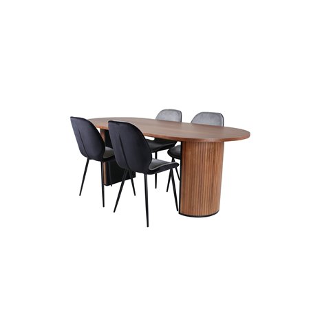 Bianca Oval Dining Table , Walnut Black Veneer+Emma Chair , Black Black and Light Grey Black Velvet in Back Grey Velvet in front