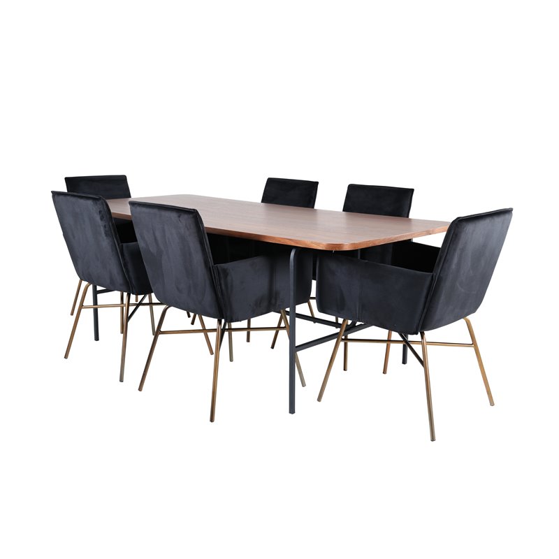 Uno Spisebord - Sort / Valnød Finer + Pippi Stol - Distressed Copper / Black Velvet_6