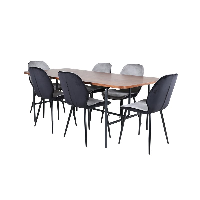 Uno Dining Table - Black / Walnut Veneer+Emma Chair - Black / Black and Light Grey Black Velvet in Back Grey Velvet in front_6