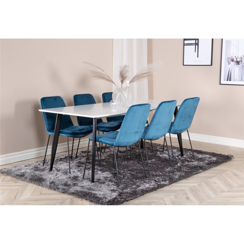 Polar Spisebord - 180 * 90 * H75 - Hvid / Sort, Muce Spisestuestol - Sorte Ben - Blue Velvet_6 Polar Spisebord - 180 * 90 * H75 - Hvid / Sort, Muce Spisestuestol - Sorte Ben - Blue Velvet_6