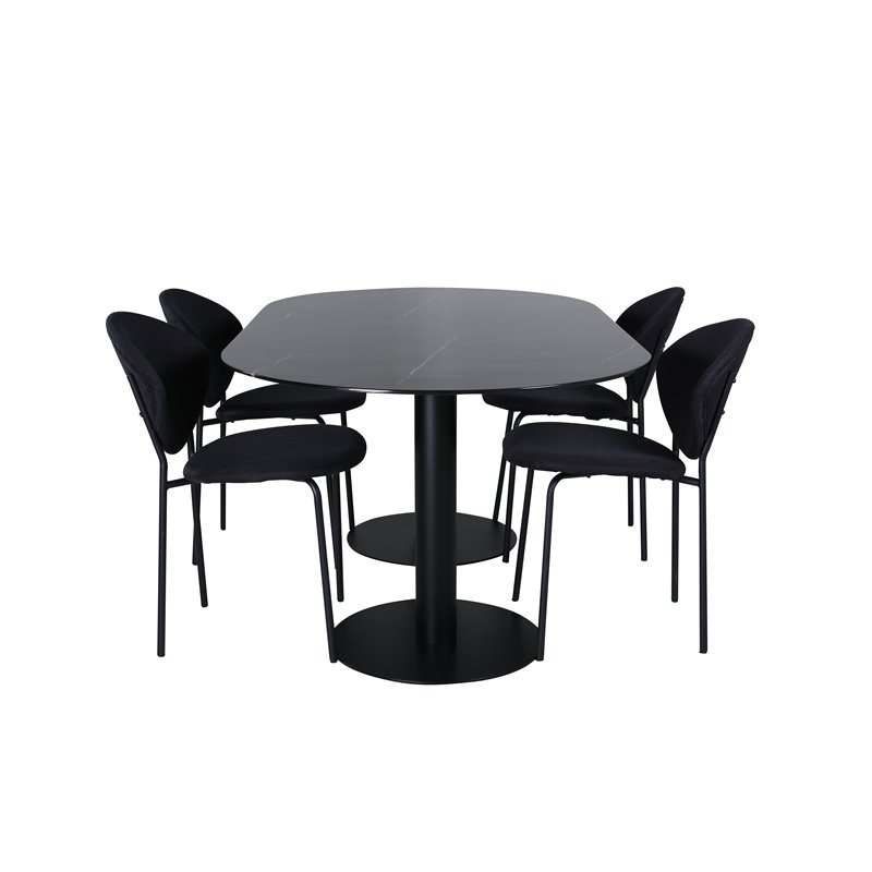 Pillan Oval Dining Table , Black Black Glass Marble+Vault Dining Chair , Black Legs , Black Fabric_4