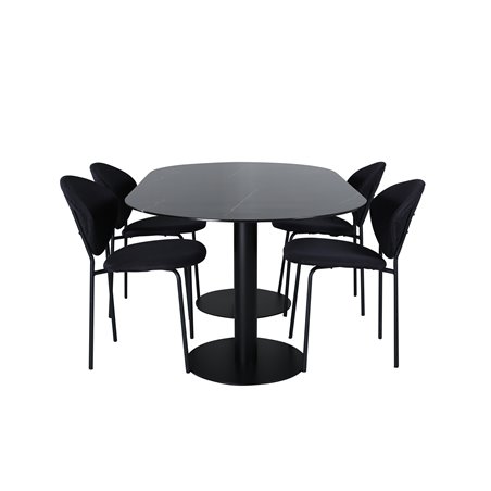 Pillan Oval Dining Table , Black Black Glass Marble+Vault Dining Chair , Black Legs , Black Fabric_4