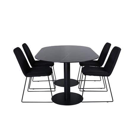 Pillan Oval Dining Table , Black Black Glass Marble+Muce Dining Chair , Black Legs , Black Fabric_4