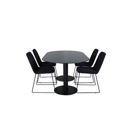 Pillan Ovalt spisebord, sort sort glasmarmor + Muce spisestuestol, sorte ben, sort stof_4