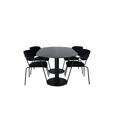 Pillan Oval Dining Table , Black Black Glass Marble+Arrow armchair , Black Legs , Black Velvet_4