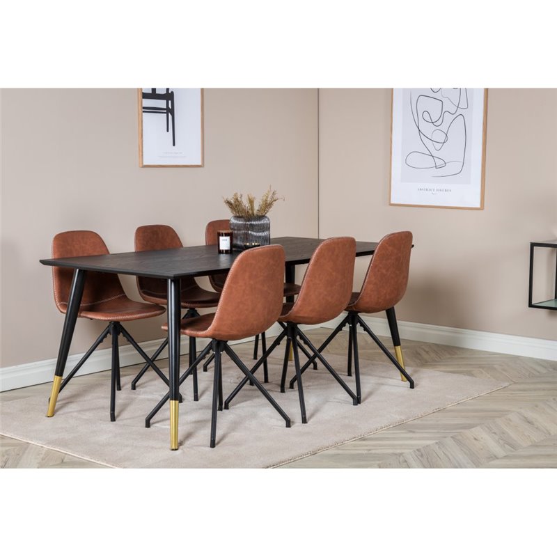 Dipp Dining Table - 180*90cm - Black / Black Brass, Polar Dining Chair with Spin function - black Legs - Brown PU - White Stitch