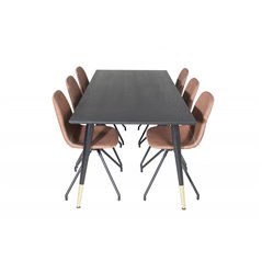 Dipp Dining Table - 180*90cm - Black / Black Brass, Polar Dining Chair with Spin function - black Legs - Brown PU - White Stitch