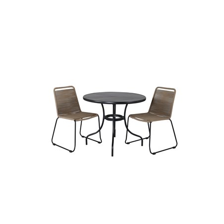 Nicke Dining Table - Black Steel - ø90cm, Lindos Stacking Chair - Black Alu / Latte Rope