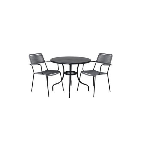 Nicke Dining Table - Black Steel - ø90cm, Lindos Armchair - Black Alu / Grey Rope