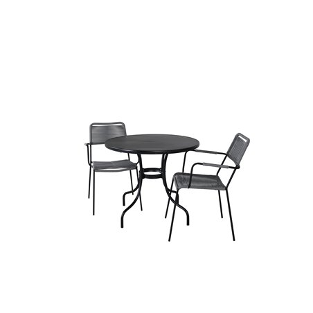 Nicke Dining Table - Black Steel - ø90cm, Lindos Armchair - Black Alu / Grey Rope