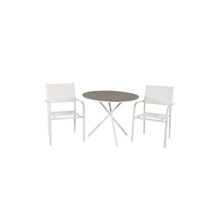 Parma Café Table ø90, valkoinen/harmaa SanTorini Arm Chair (Valkoinen alu/valkoinen tekstiili)