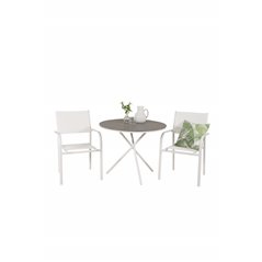 Parma Café Table ø90, valkoinen/harmaa SanTorini Arm Chair (Valkoinen alu/valkoinen tekstiili)