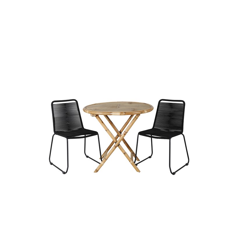 Cane Café Table ø80cm - Bamboo, Lindos Stacking Chair - Black Alu / Black Rope