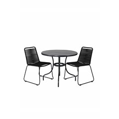 Nicke Dining Table - Black Steel - ø90cm, Lindos Stacking Chair - Black Alu / Black Rope