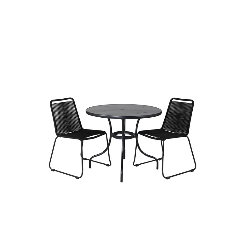 Nicke Dining Table - Black Steel - ø90cm, Lindos Stacking Chair - Black Alu / Black Rope