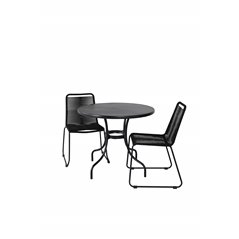 Nicke Dining Table - Black Steel - ø90cm, Lindos Stacking Chair - Black Alu / Black Rope