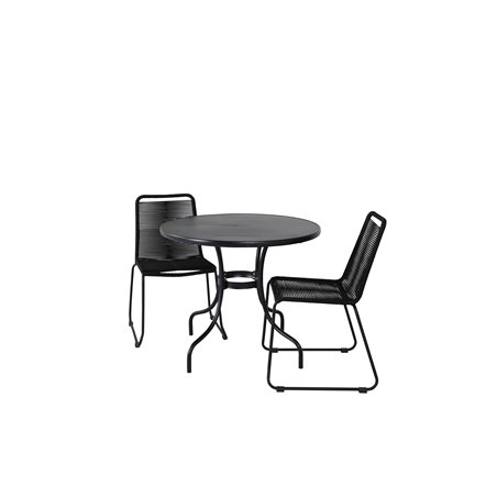 Nicke Dining Table - Black Steel - ø90cm, Lindos Stacking Chair - Black Alu / Black Rope