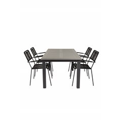 Albany Table - 160/240 - Black/Grey, Lindos Armchair - Black Alu/Black Rope