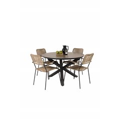 Llama Round Dining Table 120 - Black Alu / Brown HPL, Lindos - Armchair - Black Alu / Latte Rope_4