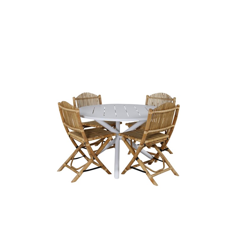 Alma Dining Table - White Alu - ø120cm, Cane Foldable Dining Chair - Bamboo / Grey Cushion